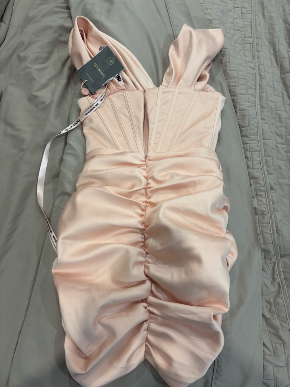 House of CB Pale Blush Satin Ruched Mini Dress